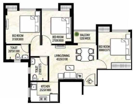 Floor plan of 3 BHK 930 Sq. Ft. Apartment in Rajat Avante, Kolkata