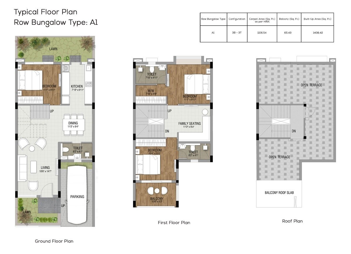 Floor plan of 3 BHK 1408 Sq. Ft. Villa in Rajat Southern Vista, Kolkata