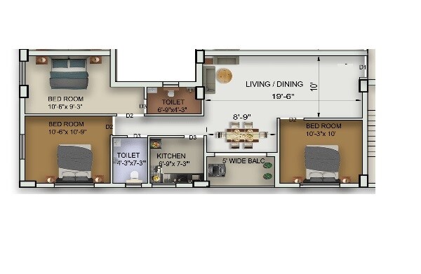 Floor plan of 3 BHK 1471 Sq. Ft. Apartment in Rajwada Altitude, Kolkata