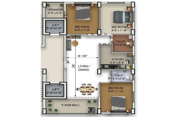 Floor plan of 3 BHK 1596 Sq. Ft. Apartment in Rajwada Altitude, Kolkata