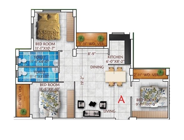 Floor plan of 3 BHK 1392 Sq. Ft. Apartment in Rajwada Emeralds, Kolkata
