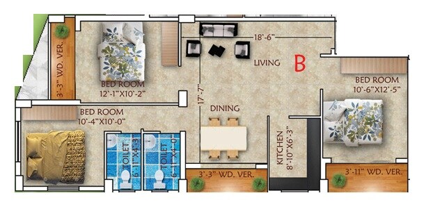 Floor plan of 3 BHK 1398 Sq. Ft. Apartment in Rajwada Emeralds, Kolkata