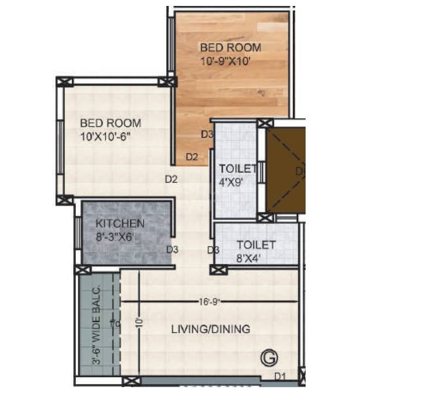 Floor plan of 2 BHK 865 Sq. Ft. Apartment in Rajwada Emporis, Kolkata