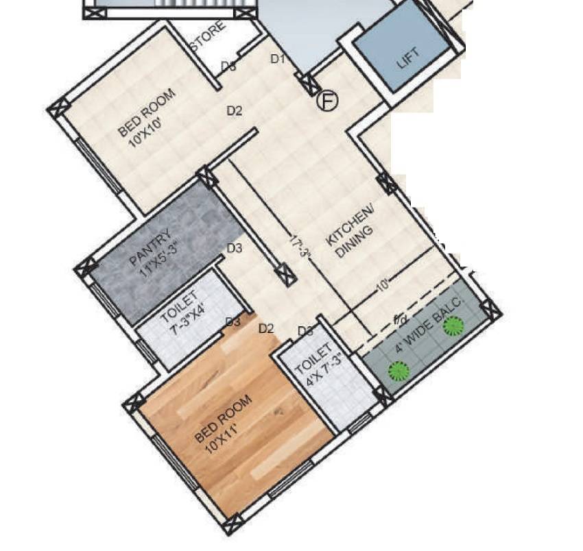 Floor plan of 2 BHK 945 Sq. Ft. Apartment in Rajwada Emporis, Kolkata