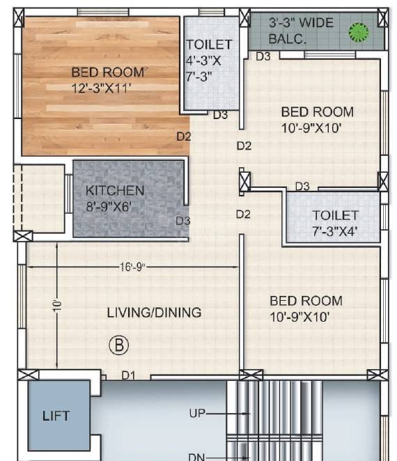Floor plan of 3 BHK 1100 Sq. Ft. Apartment in Rajwada Emporis, Kolkata