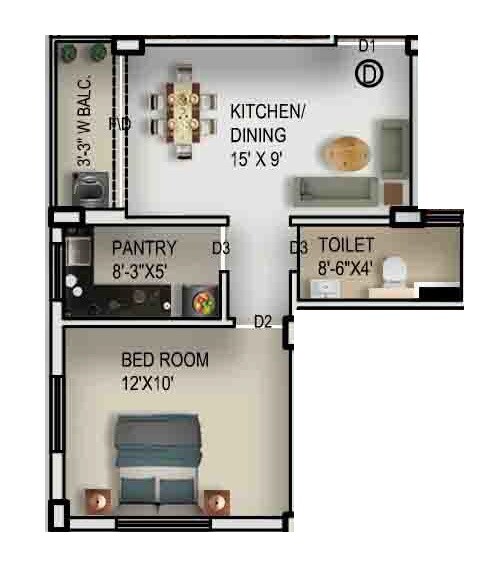Floor plan of 1 BHK 590 Sq. Ft. Apartment in Rajwada Global City, Kolkata