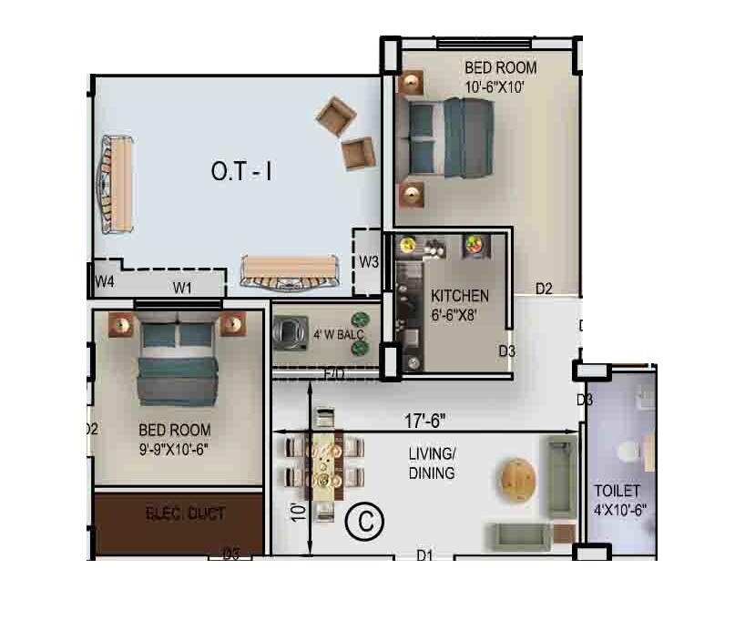 Floor plan of 2 BHK 925 Sq. Ft. Apartment in Rajwada Global City, Kolkata
