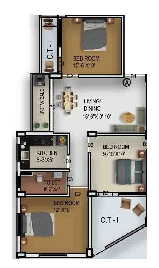 Floor plan of 3 BHK 1045 Sq. Ft. Apartment in Rajwada Global City, Kolkata