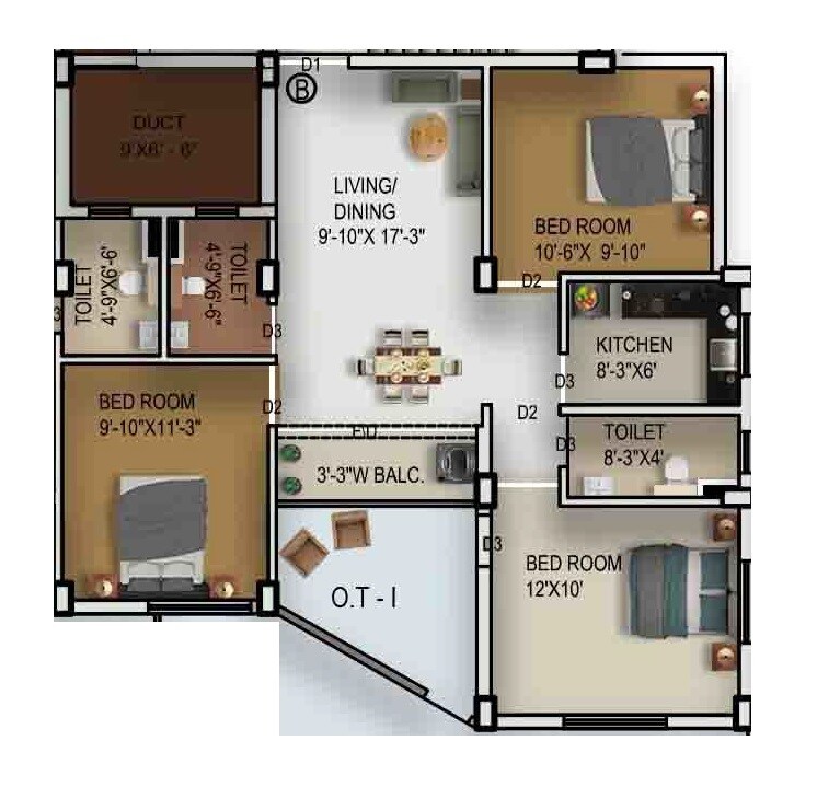 Floor plan of 3 BHK 1070 Sq. Ft. Apartment in Rajwada Global City, Kolkata