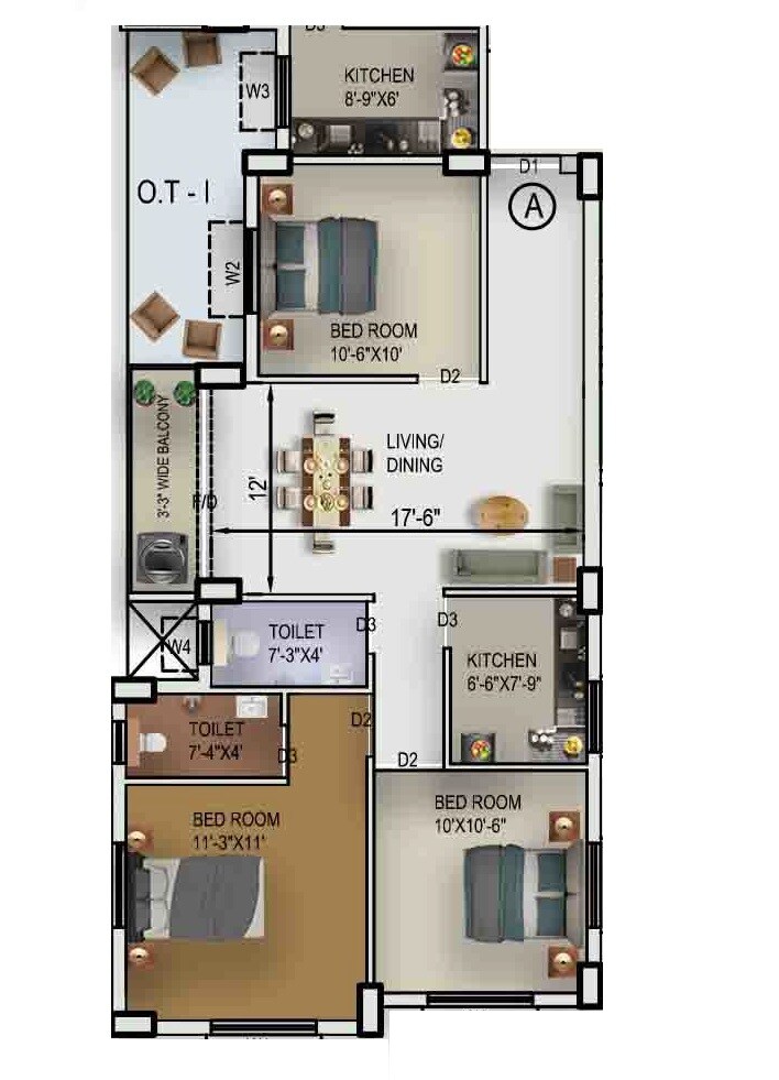 Floor plan of 3 BHK 1130 Sq. Ft. Apartment in Rajwada Global City, Kolkata