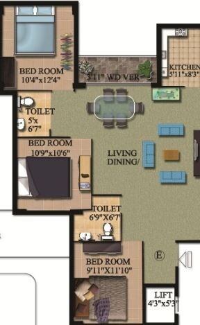 Floor plan of 3 BHK 1530 Sq. Ft. Apartment in Rajwada Grand, Kolkata