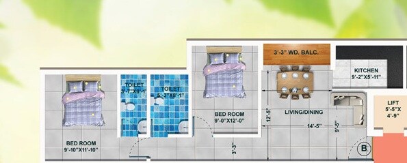 Floor plan of 2 BHK 915 Sq. Ft. Apartment in Rajwada GreenShire, Kolkata