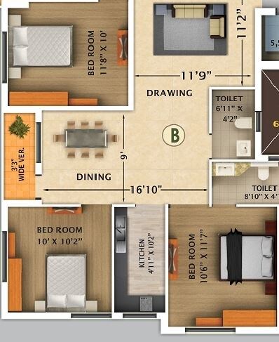 Floor plan of 2 BHK 1000 Sq. Ft. Apartment in Rajwada Nirvana, Kolkata