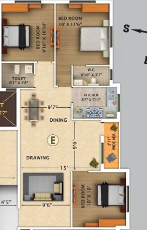 Floor plan of 3 BHK 1180 Sq. Ft. Apartment in Rajwada Nirvana, Kolkata