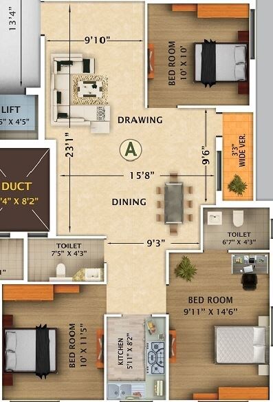 Floor plan of 3 BHK 1280 Sq. Ft. Apartment in Rajwada Nirvana, Kolkata