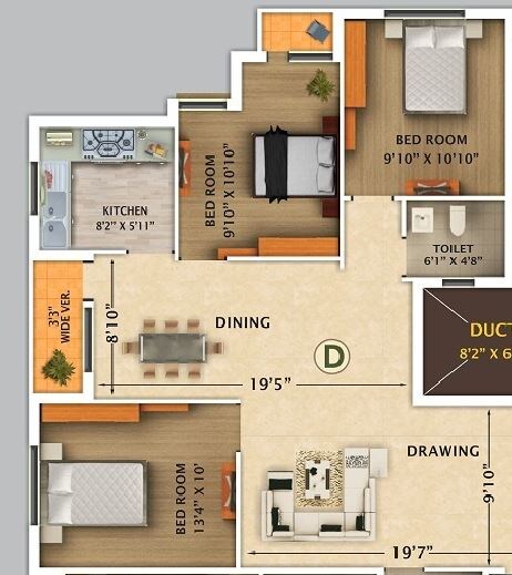 Floor plan of 3 BHK 1310 Sq. Ft. Apartment in Rajwada Nirvana, Kolkata