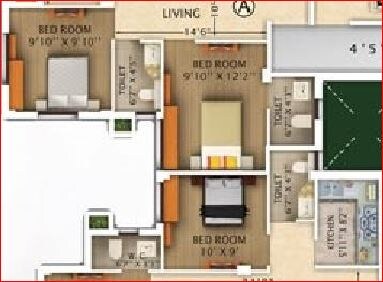 Floor plan of 3 BHK 1080 Sq. Ft. Apartment in Rajwada Pebble Bay, Kolkata