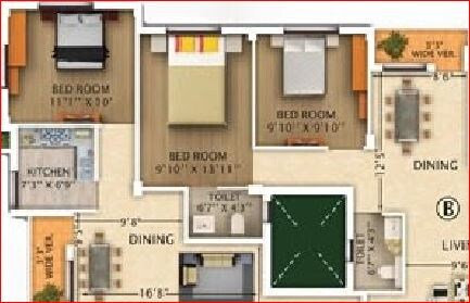 Floor plan of 3 BHK 1120 Sq. Ft. Apartment in Rajwada Pebble Bay, Kolkata