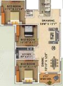 Floor plan of 3 BHK 1435 Sq. Ft. Apartment in Rajwada Estate Phase 2, Kolkata