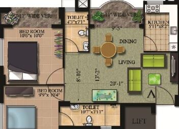 Floor plan of 3 BHK 1030 Sq. Ft. Apartment in Rajwada Heights, Kolkata