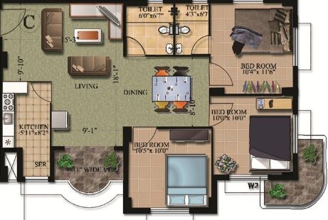Floor plan of 3 BHK 1500 Sq. Ft. Apartment in Rajwada Heights, Kolkata