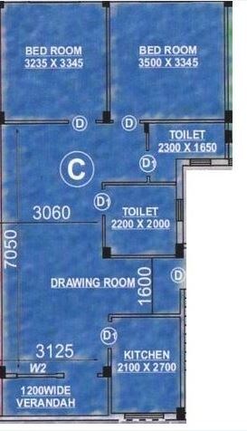 Floor plan of 2 BHK 1080 Sq. Ft. Apartment in Rajwada Pearl, Kolkata