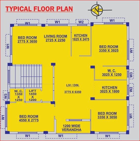 Floor plan of 4 BHK 1710 Sq. Ft. Apartment in Rajwada Residency, Kolkata
