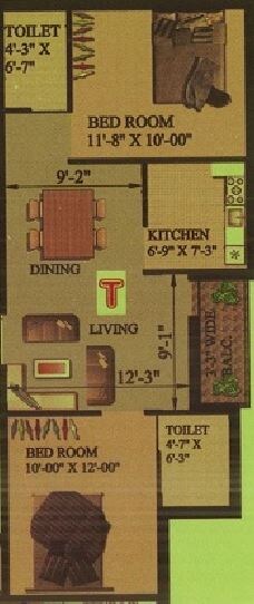 Floor plan of 2 BHK 920 Sq. Ft. Apartment in Rajwada Rosewood, Kolkata