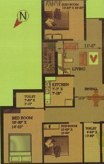 Floor plan of 3 BHK 1125 Sq. Ft. Apartment in Rajwada Rosewood, Kolkata