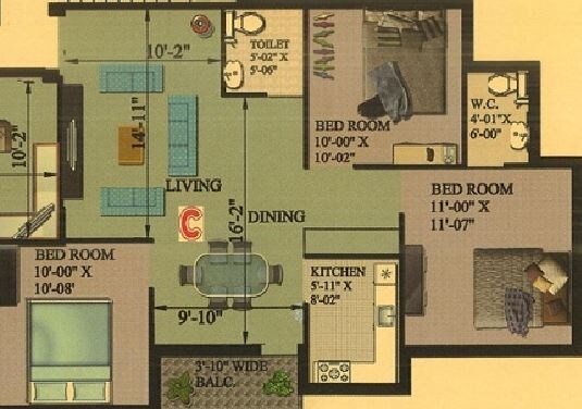 Floor plan of 3 BHK 1235 Sq. Ft. Apartment in Rajwada Rosewood, Kolkata