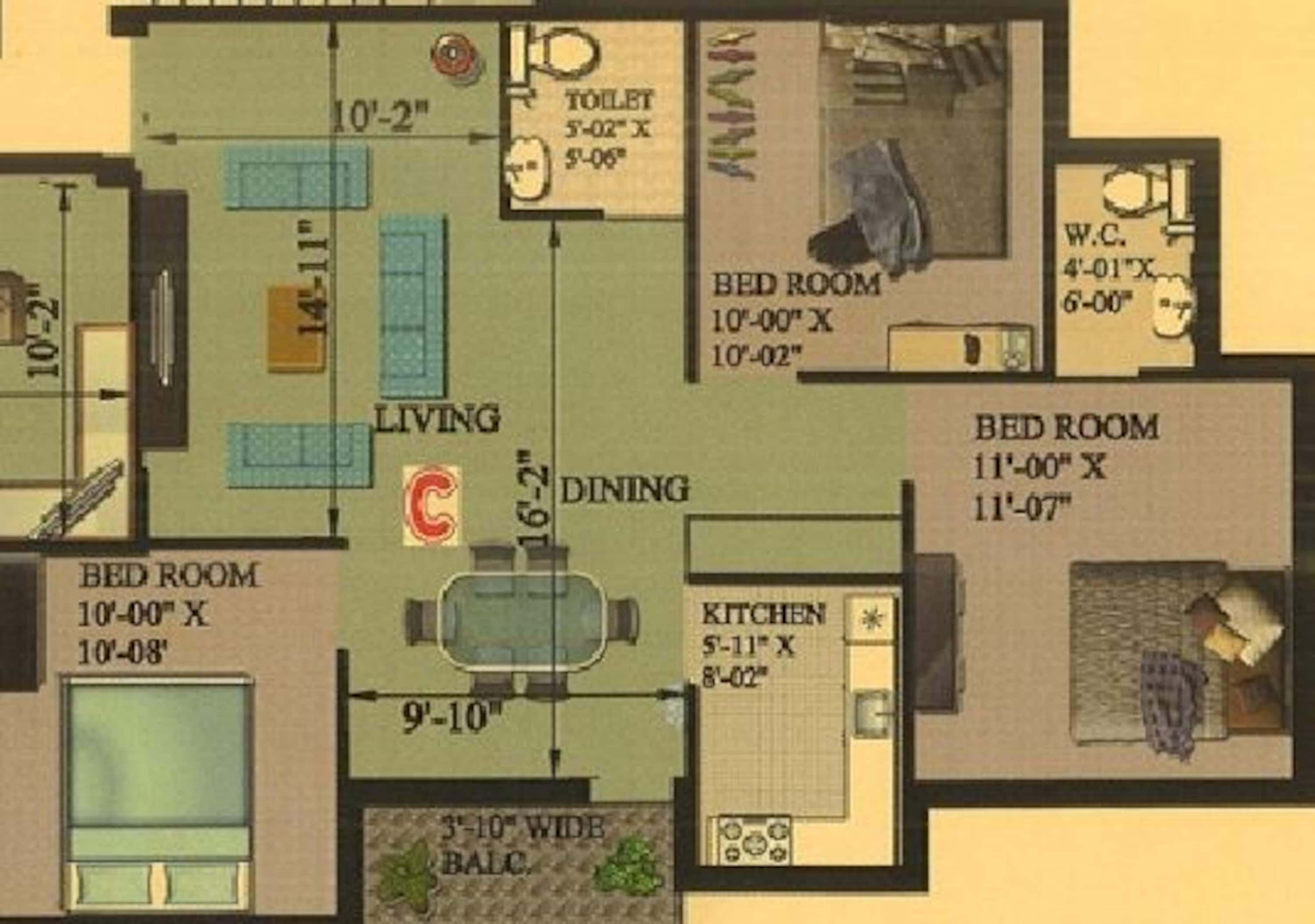 rajwada rosewood apartment 3bhk 1235sqft