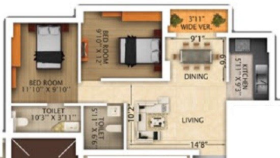 Floor plan of 2 BHK 870 Sq. Ft. Apartment in Rajwada Royal Gardens, Kolkata