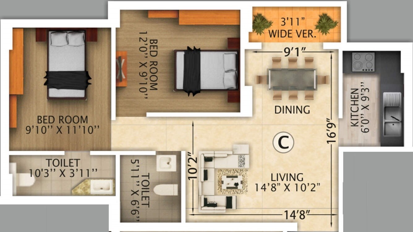 Floor plan of 2 BHK 1036 Sq. Ft. Apartment in Rajwada Royal Gardens, Kolkata