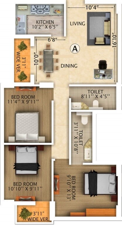 Floor plan of 3 BHK 1379 Sq. Ft. Apartment in Rajwada Royal Gardens, Kolkata