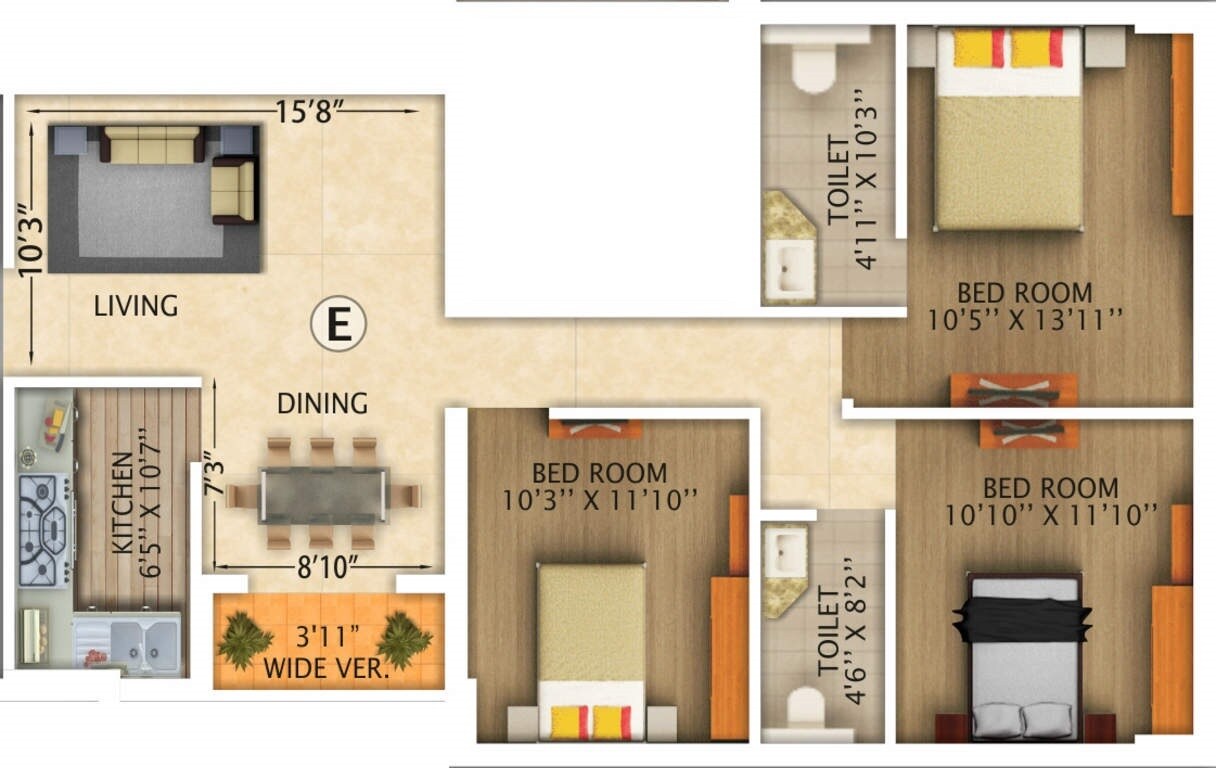 Floor plan of 3 BHK 1424 Sq. Ft. Apartment in Rajwada Royal Gardens, Kolkata
