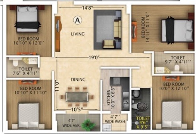 Floor plan of 4 BHK 1978 Sq. Ft. Apartment in Rajwada Royal Gardens, Kolkata