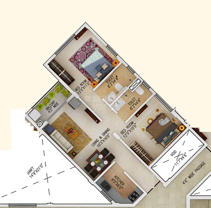 Floor plan of 2 BHK 998 Sq. Ft. Apartment in Rameswara Riverview, Kolkata