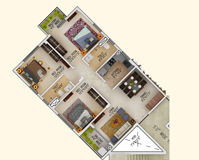 Floor plan of 3 BHK 1351 Sq. Ft. Apartment in Rameswara Riverview, Kolkata