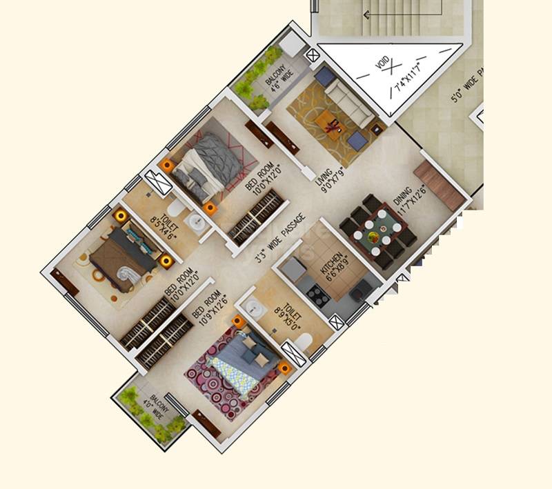 Floor plan of 3 BHK 1273 Sq. Ft. Apartment in Rameswara Riverview, Kolkata