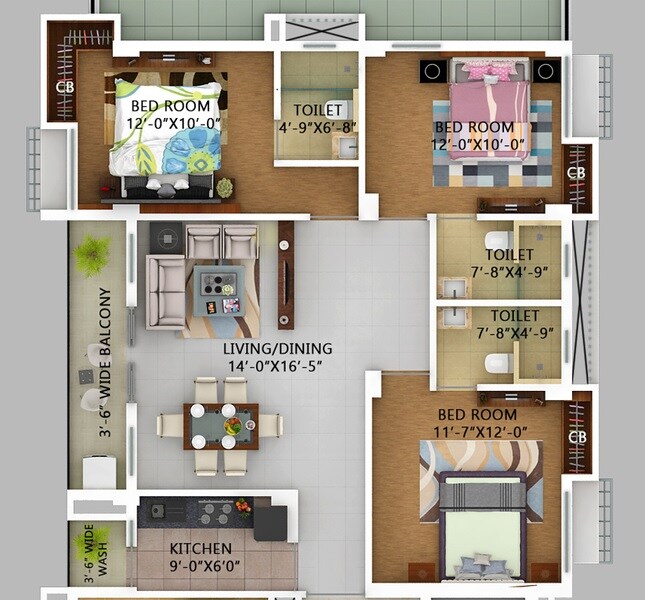Floor plan of 3 BHK 1705 Sq. Ft. Apartment in Rav AG Unique, Kolkata