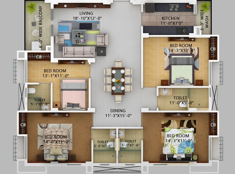 Floor plan of 4 BHK 2250 Sq. Ft. Apartment in Rav AG Unique, Kolkata
