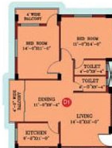 Floor plan of 2 BHK 1249 Sq. Ft. Apartment in RDB Regent Sonarpur, Kolkata