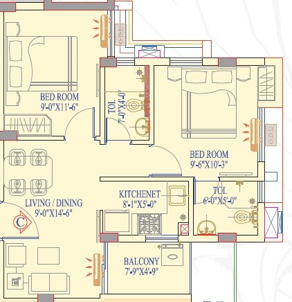 Floor plan of 2 BHK 465 Sq. Ft. Apartment in Realmark Kabyo Neer, Kolkata