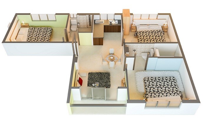 Floor plan of 3 BHK 1143 Sq. Ft. Apartment in Realtech Alpana, Kolkata