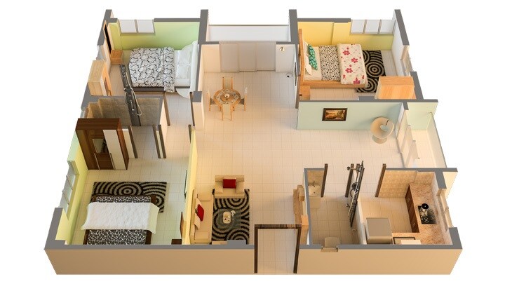 Floor plan of 3 BHK 805 Sq. Ft. Apartment in Realtech Alpana, Kolkata