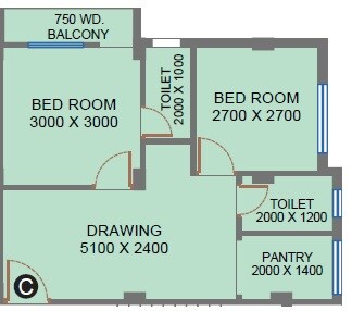 Floor plan of 2 BHK 620 Sq. Ft. Apartment in Realtech Khushi, Kolkata