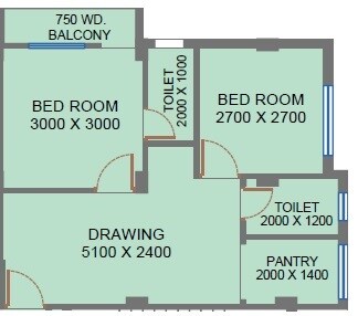 Floor plan of 2 BHK 763 Sq. Ft. Apartment in Realtech Khushi, Kolkata