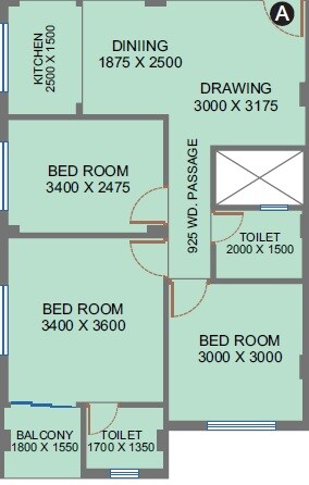 Floor plan of 3 BHK 918 Sq. Ft. Apartment in Realtech Khushi, Kolkata