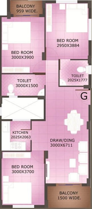 Floor plan of 3 BHK 1329 Sq. Ft. Apartment in Realtech Nirman Gharoa, Kolkata