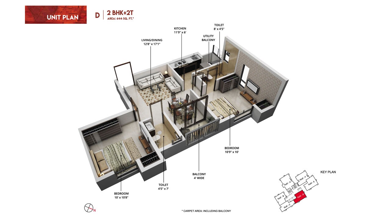 Floor plan of 2 BHK 972 Sq. Ft. Apartment in Rishi Pranaya Phase I, Kolkata